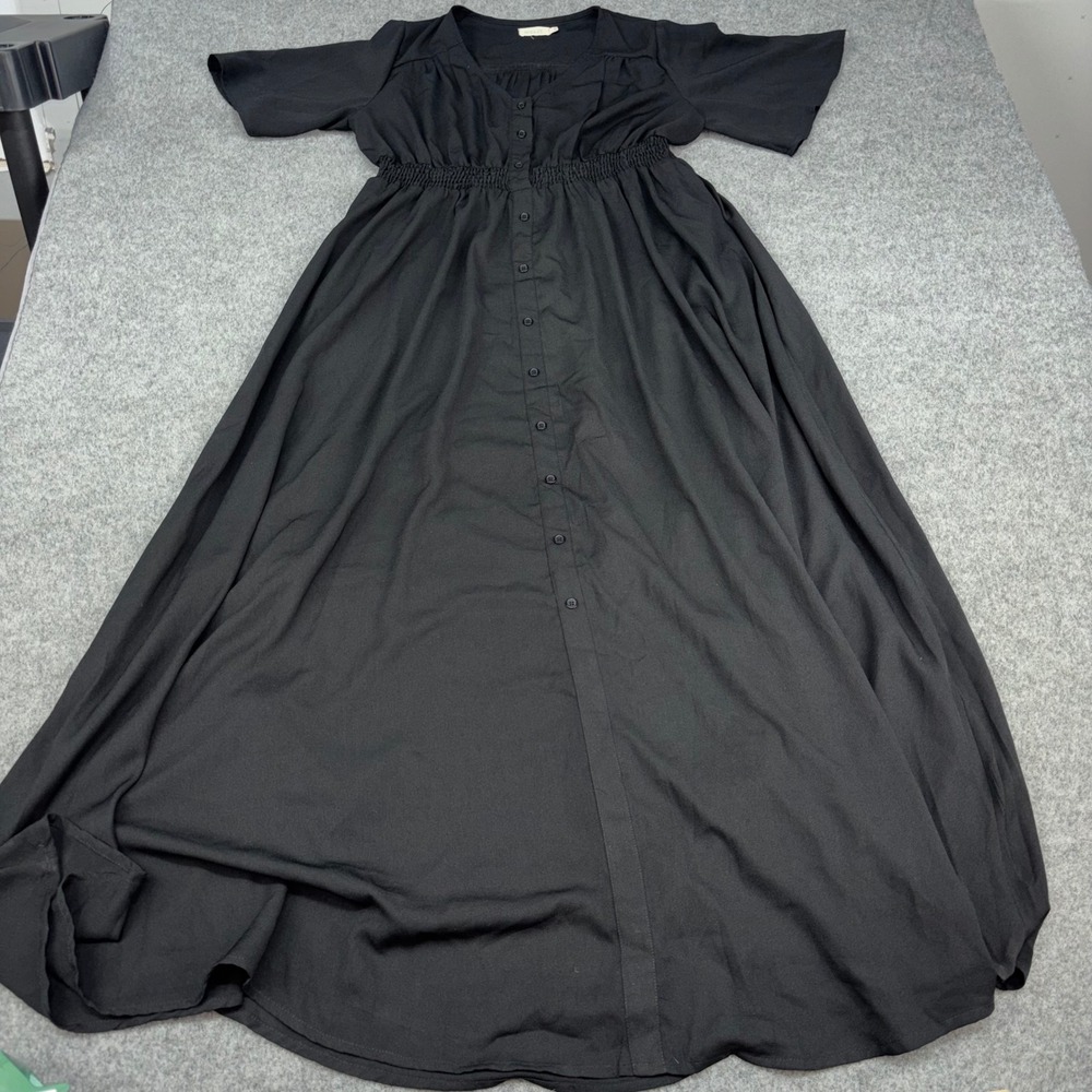 Roolee Maxi Dress Womens Large Black Short Sleeve Smocked Waist Button Front EUC